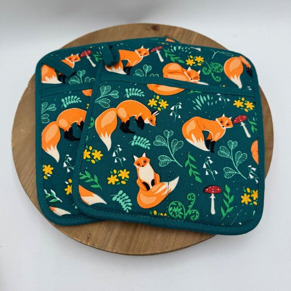 Pot holders heat resistance Fox Print pocket terry cloth lined NWOT - Picture 1 of 13